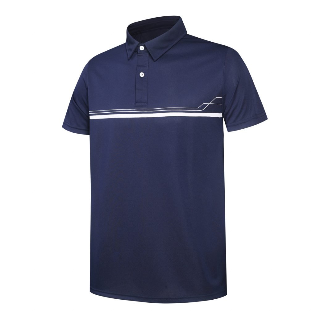 Navy polo shirt with a white chest stripe for retail store staff