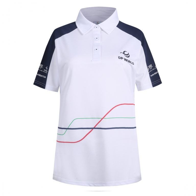 Performance sports polo shirt with custom logo and colorful line design, in white and navy. perfect for corporate branding or team uniforms. made by Chinese manufacturer specializing in custom workwear.