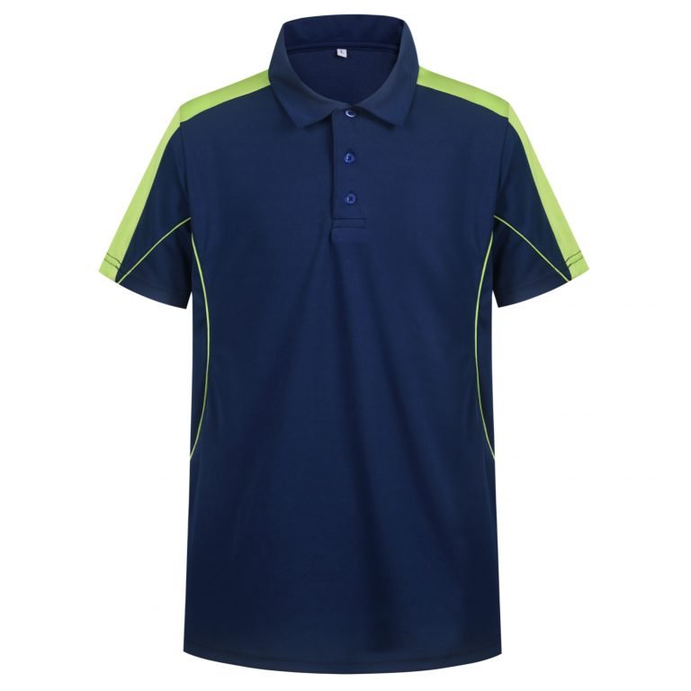Navy blue and neon yellow custom sports polo shirt with breathable fabric, designed for work uniforms or team events.