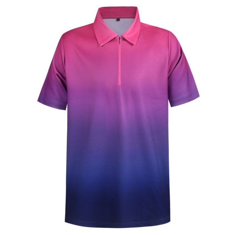 Bright pink and purple gradient custom golf polo shirt with zipper front, ideal for sports teams or work uniforms. High-quality, customizable apparel manufacturer in China.