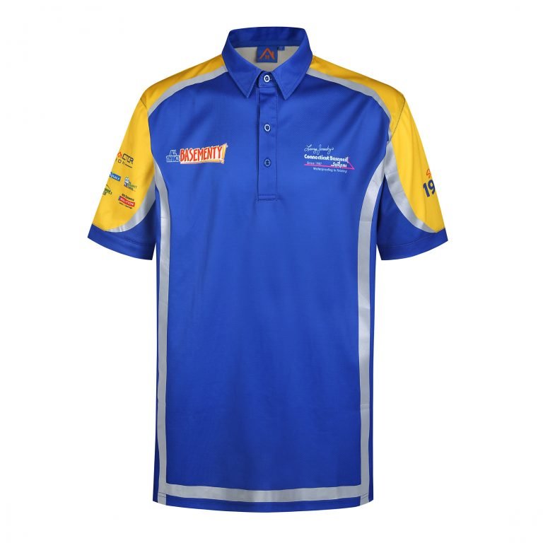 High-quality custom blue and yellow corporate polo shirt with branding options, made for workwear uniforms by leading manufacturer in China. Perfect for team uniforms and promotional apparel.