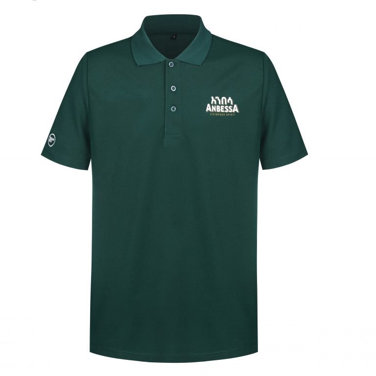 Polished dark green polo shirt with embroidered company logo, short sleeves, and buttoned collar for uniforms and corporate apparel.