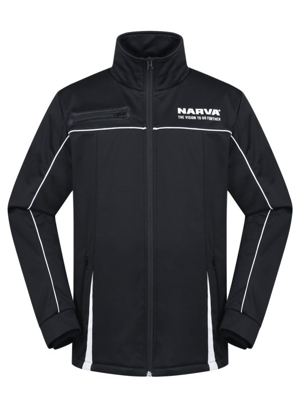 Flexible black sports jacket with white piping, featuring a chest zip pocket and full front zipper, branded with "NARVA" and slogan, ideal for custom workwear or athletic uniforms in China.