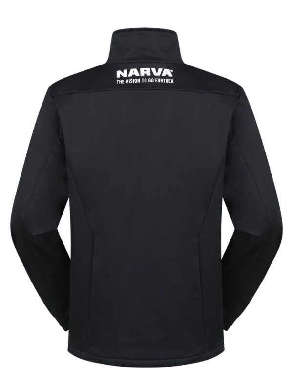 High-quality black custom workwear jacket with white "NARVA" logo on the back, designed for durability and comfort in industrial settings. Perfect for team uniforms and corporate branding.