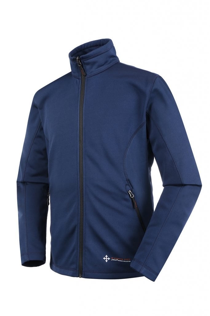 Navy softshell jacket with high collar and zipped pockets for transport and logistics crews