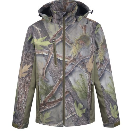 Camouflage outdoor jacket with water-resistant fabric and multiple zippered pockets for hunting and hiking activities. Perfect for rugged outdoor wear and durability.
