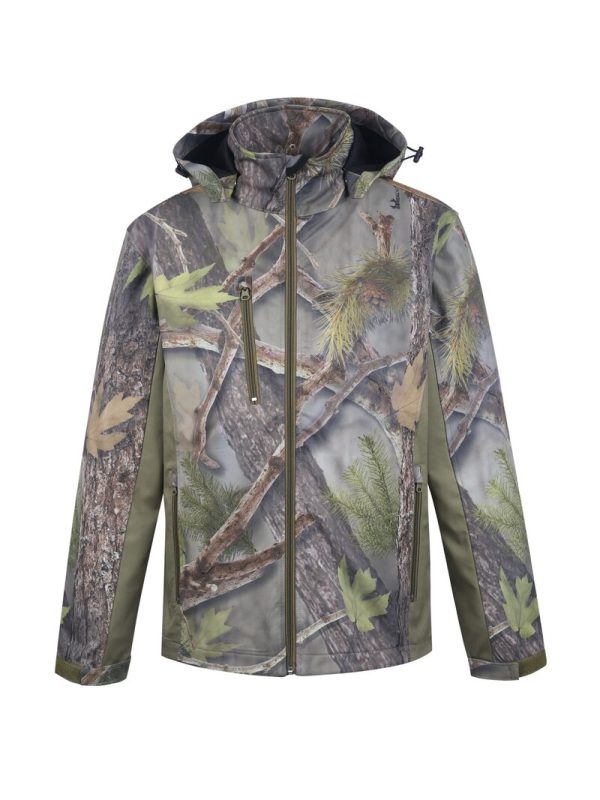 Camouflage outdoor jacket with water-resistant fabric and multiple zippered pockets for hunting and hiking activities. Perfect for rugged outdoor wear and durability.