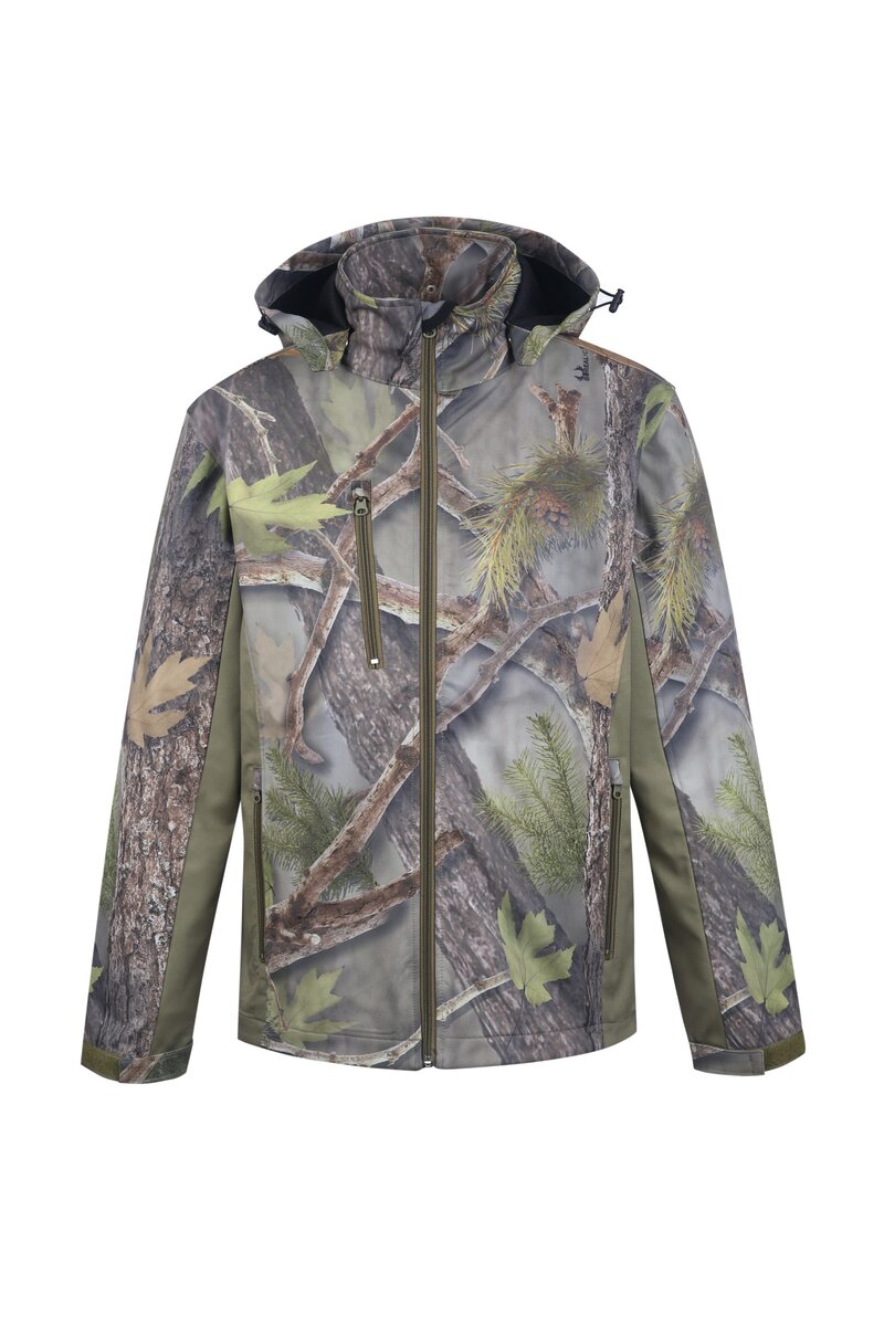 Camouflage outdoor jacket with water-resistant fabric and multiple zippered pockets for hunting and hiking activities. Perfect for rugged outdoor wear and durability.