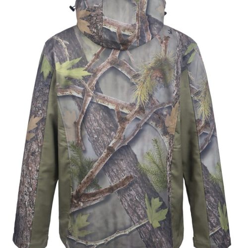 Camouflage outdoor jacket with tree branch pattern, water-resistant fabric, and adjustable hood for hunting, hiking, and outdoor activities. Custom clothing uniforms from China manufacturer Sha.