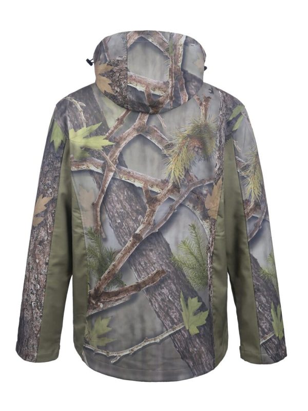 Camouflage outdoor jacket with tree branch pattern, water-resistant fabric, and adjustable hood for hunting, hiking, and outdoor activities. Custom clothing uniforms from China manufacturer Sha.