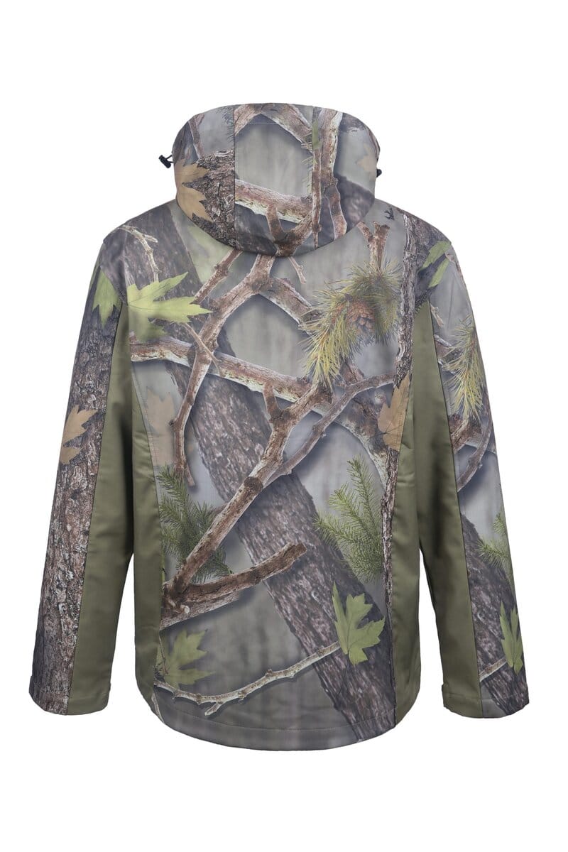Camouflage outdoor jacket with tree branch pattern, water-resistant fabric, and adjustable hood for hunting, hiking, and outdoor activities. Custom clothing uniforms from China manufacturer Sha.