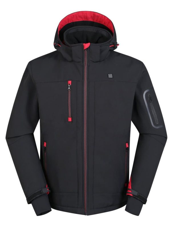 Waterproof black softshell jacket with red accents, multiple zippered pockets, adjustable cuffs, and a hood, designed for outdoor workwear and cold-weather protection.
