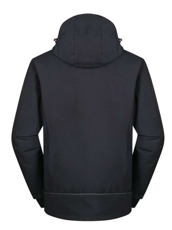 Black custom outdoor jacket with adjustable hood and durable fabric, ideal for work and outdoor activities. Perfect for company uniforms and personalized clothing needs.