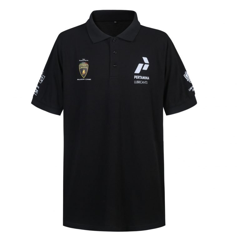 Custom black polo shirt with corporate logos and sponsor patches, suitable for automotive and corporate branding. Perfect for workwear or promotional events. Made from durable, comfortable fabric.