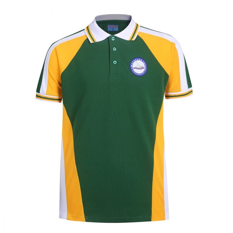 Bright green and yellow sports polo shirt with custom logo, contrast collar, and sleeve details, ideal for team uniforms and promotional apparel.