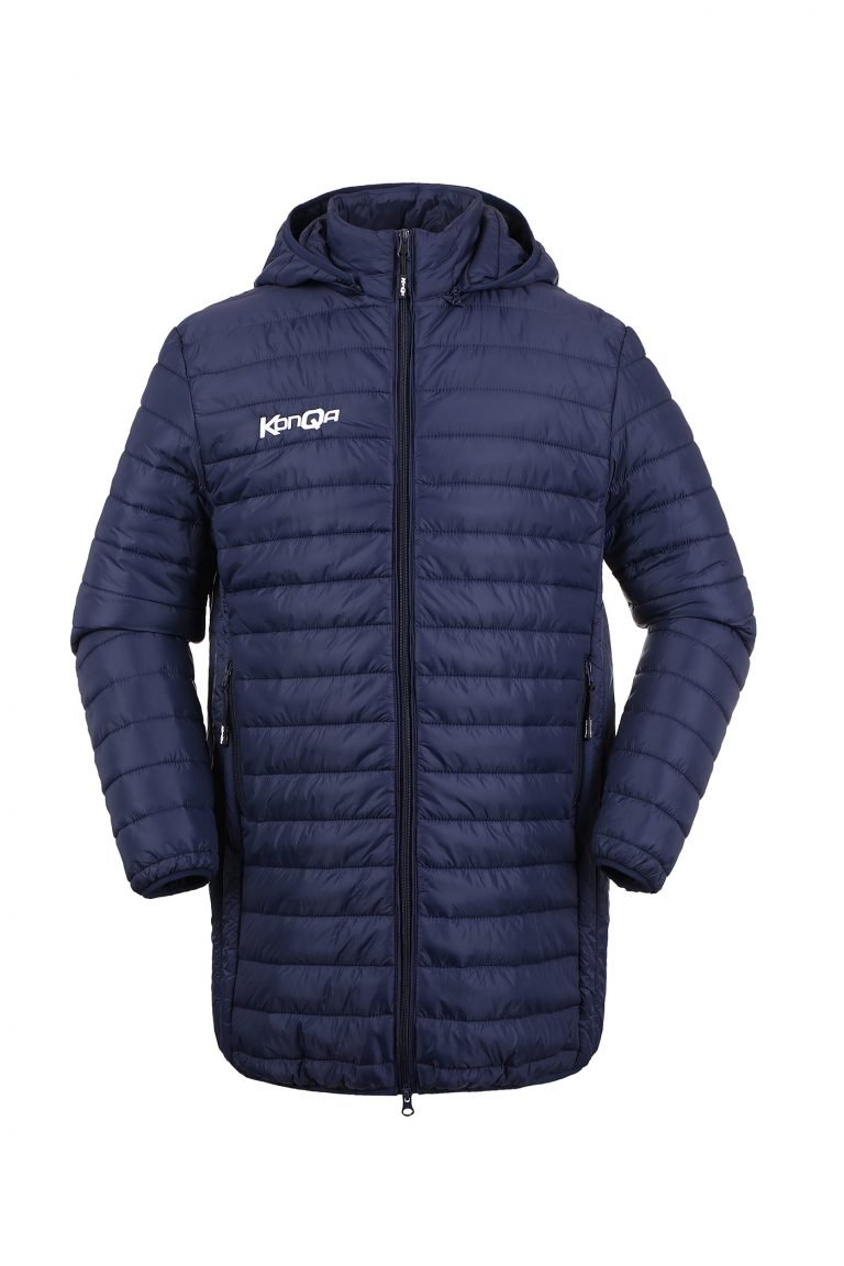 Male navy blue quilted outdoor jacket with hood, front zipper, and logo embroidery on chest for custom workwear uniforms.