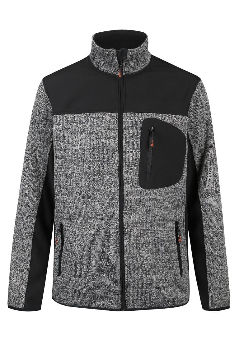 Durable black and gray sports jacket with multiple zippered pockets and high collar, ideal for outdoor or workwear in cold weather.