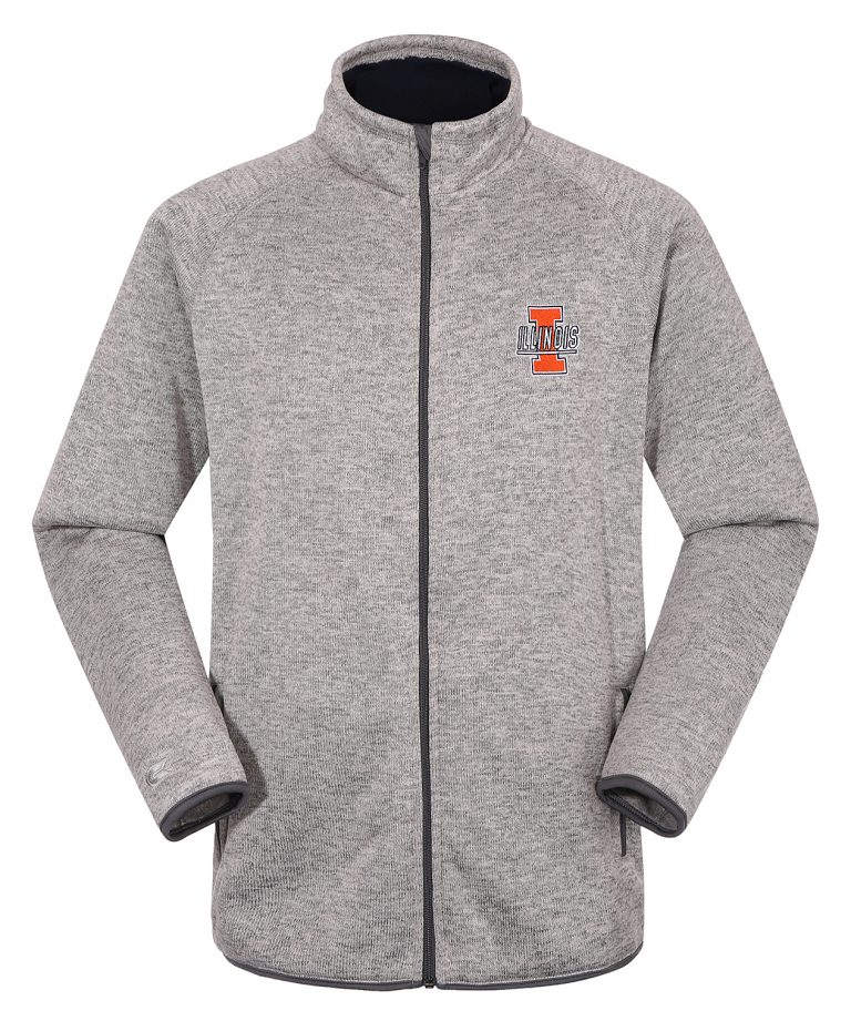 Comfortable grey fleece jacket with University of Illinois logo, ideal for customizable workwear or athletic uniforms. Perfect for outdoor or indoor activities with warmth and style.