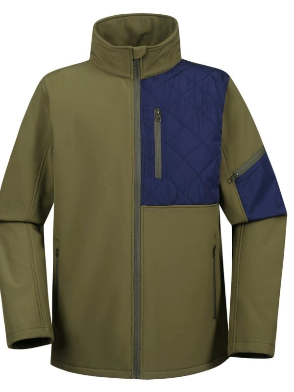 Water-resistant men's outdoor jacket with quilted blue panel, zippered pockets, and high collar for versatile workwear and outdoor activities.