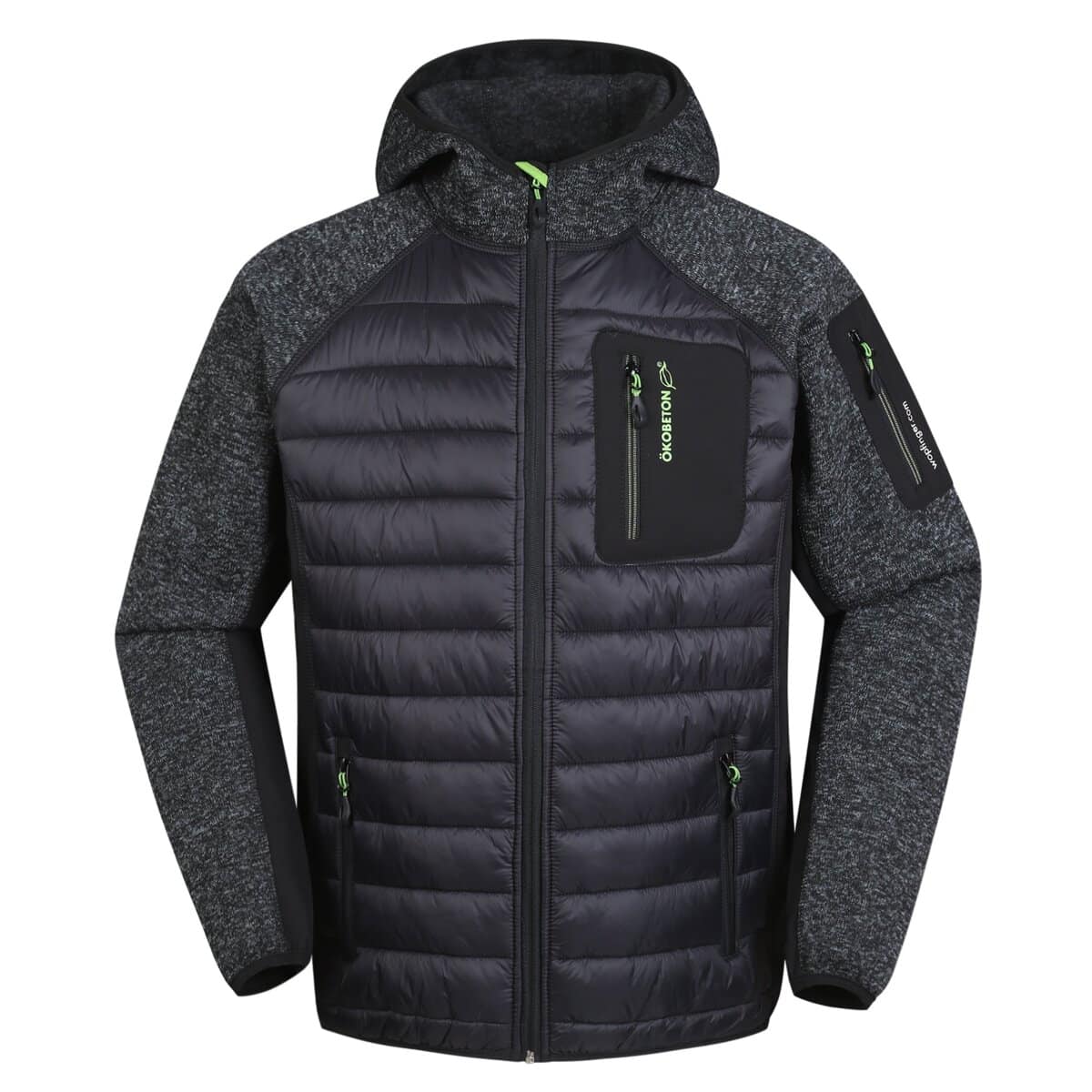 Reflective black and gray men's insulated urban work jacket with multiple zippered pockets, soft shell sleeves, and adjustable hood, ideal for outdoor workwear and customized branding.