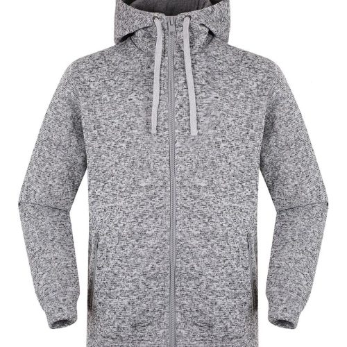 Gray textured zip-up hoodie with a front pocket and adjustable drawstrings, ideal for custom workwear and sports uniforms.