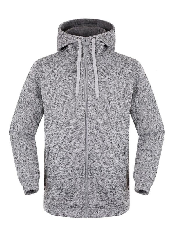 Gray textured zip-up hoodie with a front pocket and adjustable drawstrings, ideal for custom workwear and sports uniforms.