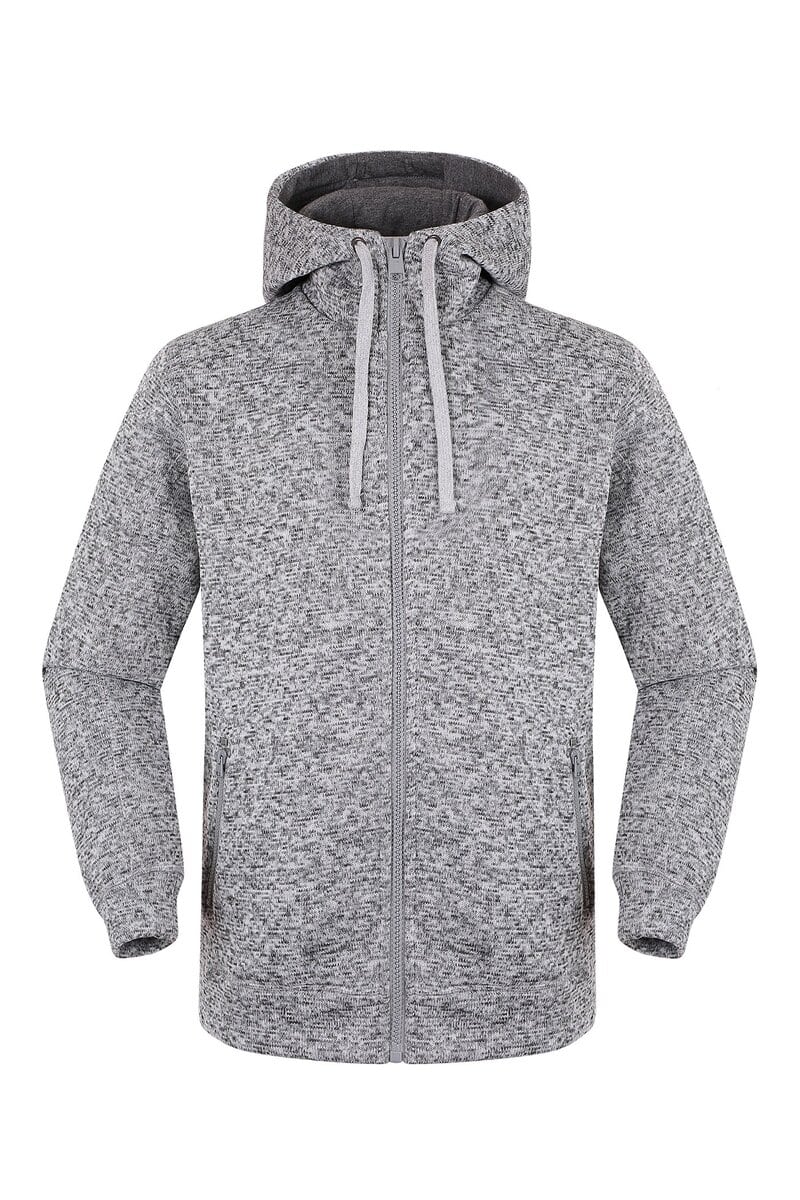 Gray textured zip-up hoodie with a front pocket and adjustable drawstrings, ideal for custom workwear and sports uniforms.