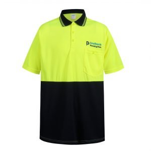 High-visibility yellow and black custom work uniform polo shirt with company logo embroidery, designed for safety and comfort in the workplace. Perfect for industrial or construction environments.