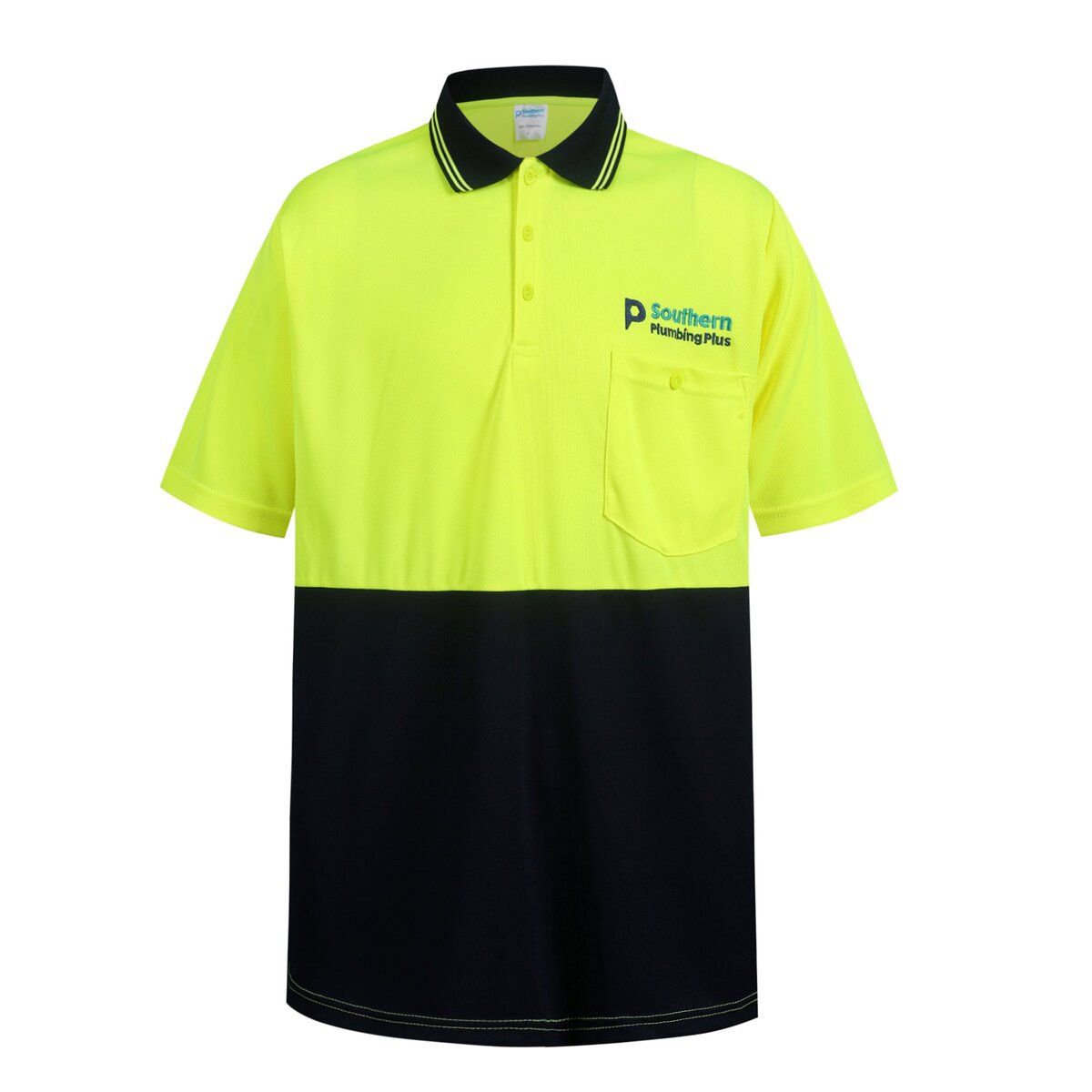 High-visibility yellow and black custom work uniform polo shirt with company logo embroidery, designed for safety and comfort in the workplace. Perfect for industrial or construction environments.