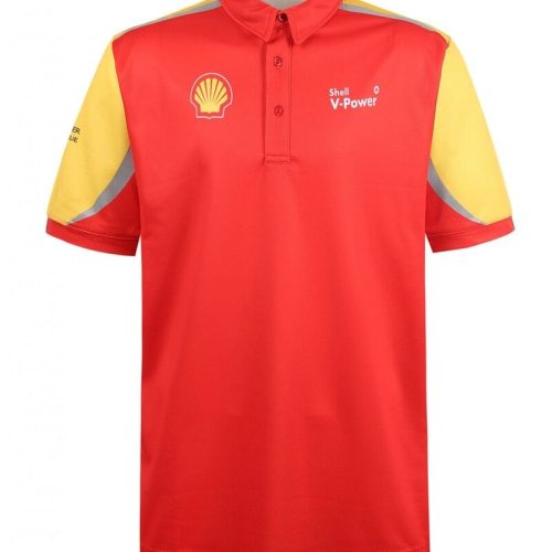 Vibrant red and yellow custom sports polo shirt with Shell and V-Power logos, designed for corporate branding and team uniforms, featuring breathable fabric and comfortable fit.