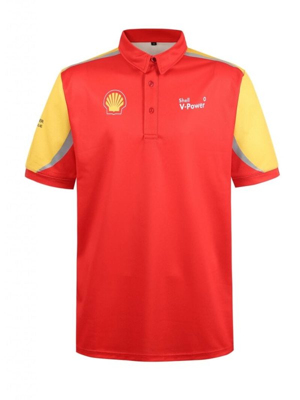 Vibrant red and yellow custom sports polo shirt with Shell and V-Power logos, designed for corporate branding and team uniforms, featuring breathable fabric and comfortable fit.