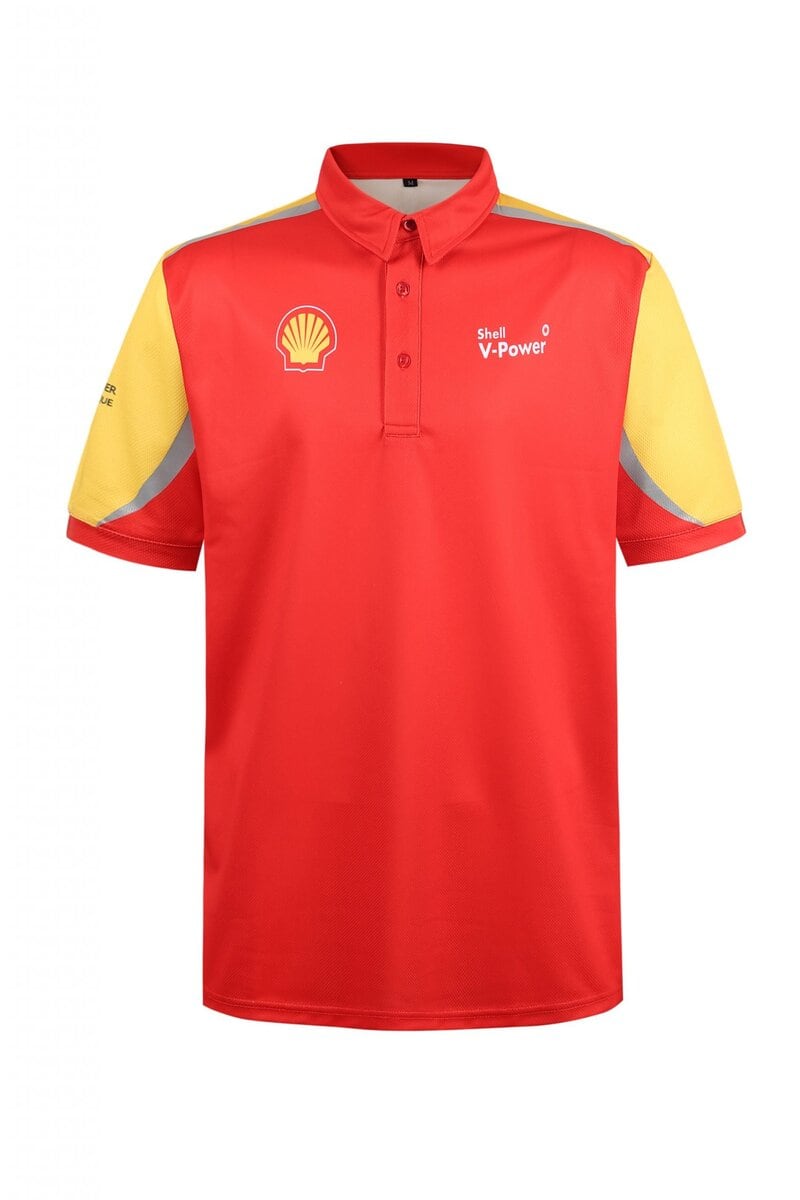 Vibrant red and yellow custom sports polo shirt with Shell and V-Power logos, designed for corporate branding and team uniforms, featuring breathable fabric and comfortable fit.