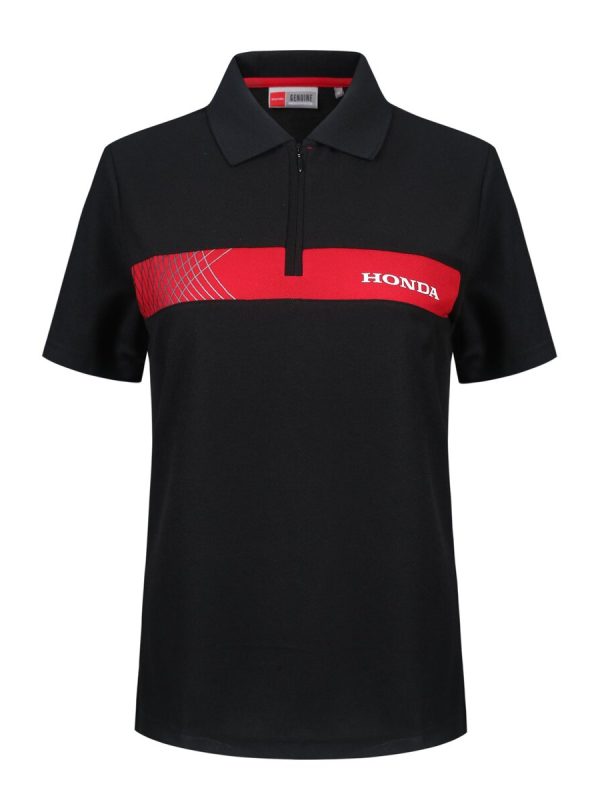 Black and red custom Honda branded polo shirt with zipper, designed for automotive or corporate uniforms, made from durable, high-quality fabric for comfort and professional appearance.