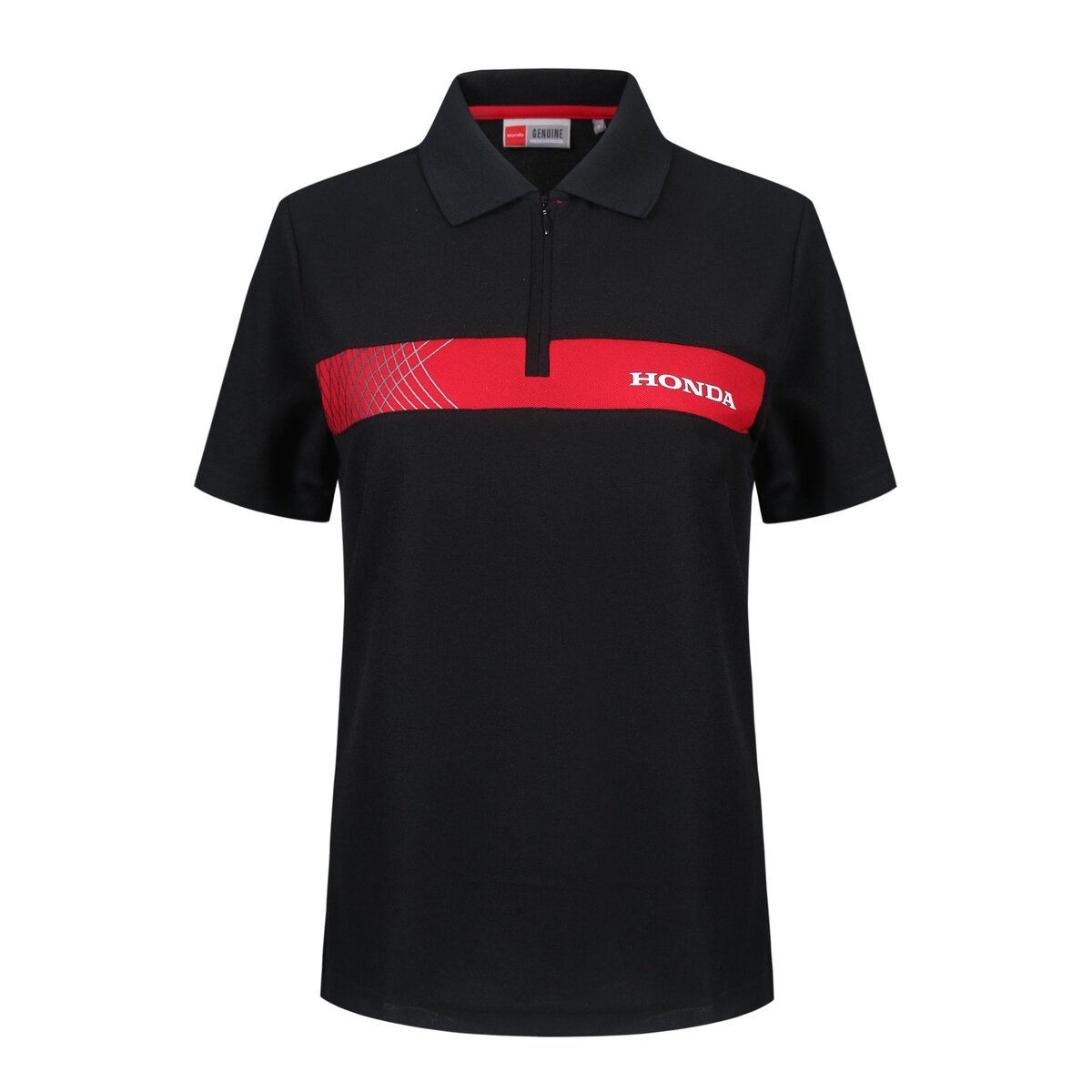 Black and red custom Honda branded polo shirt with zipper, designed for automotive or corporate uniforms, made from durable, high-quality fabric for comfort and professional appearance.