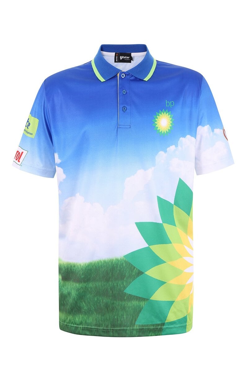 Bright blue polo shirt with cloud and grass landscape print, featuring corporate logos and green accents, designed for promotional uniforms and custom corporate clothing.