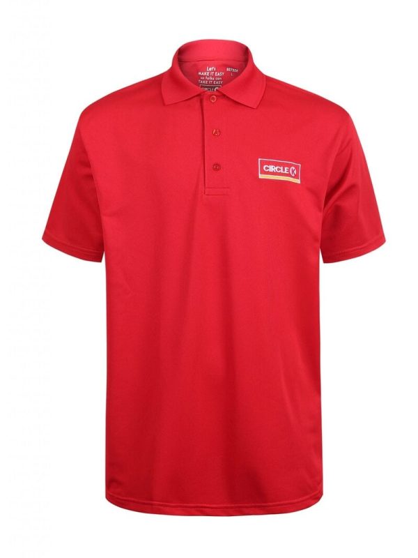 Red custom polo shirt with company logo embroidery, made from durable fabric for work uniforms and promotional events. Perfect for corporate identity and professional workwear.