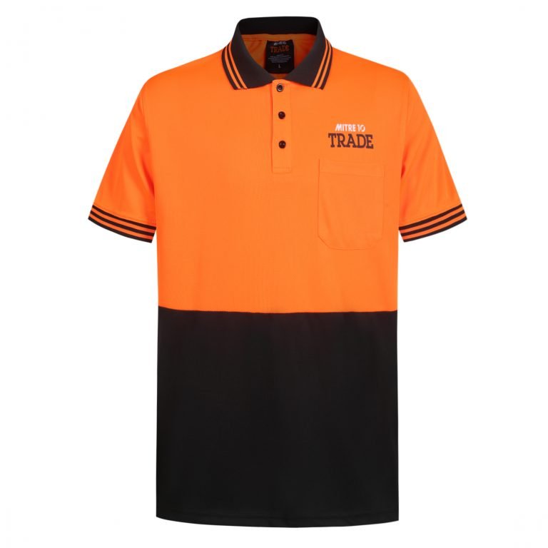 High-visibility orange and black custom work uniform polo shirt with embroidery, front pocket, and striped collar, perfect for industrial and safety work environments.