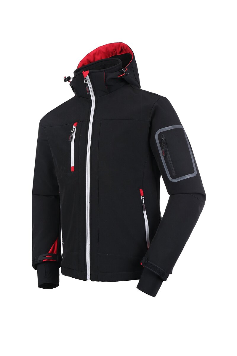 High-quality black and red custom outdoor jacket with multiple zippered pockets, adjustable cuffs, and a hood, designed for durability and comfort in work environments. Perfect for workwear uniforms or personalized corporate apparel.