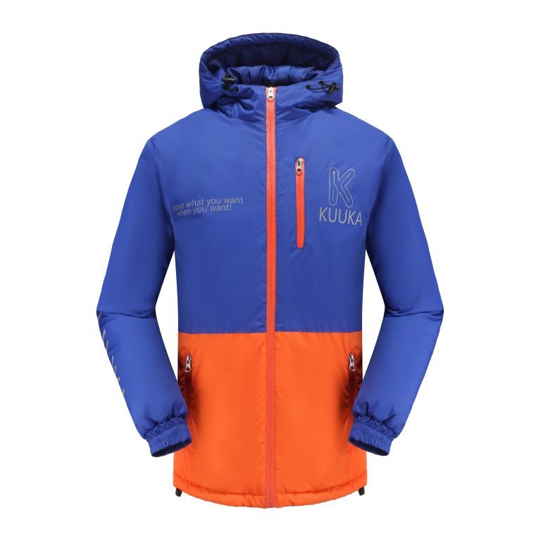 Bright blue and orange custom outdoor jacket with hoodie, waterproof zipper, and logo embroidery, designed for outdoor activities and workwear applications.