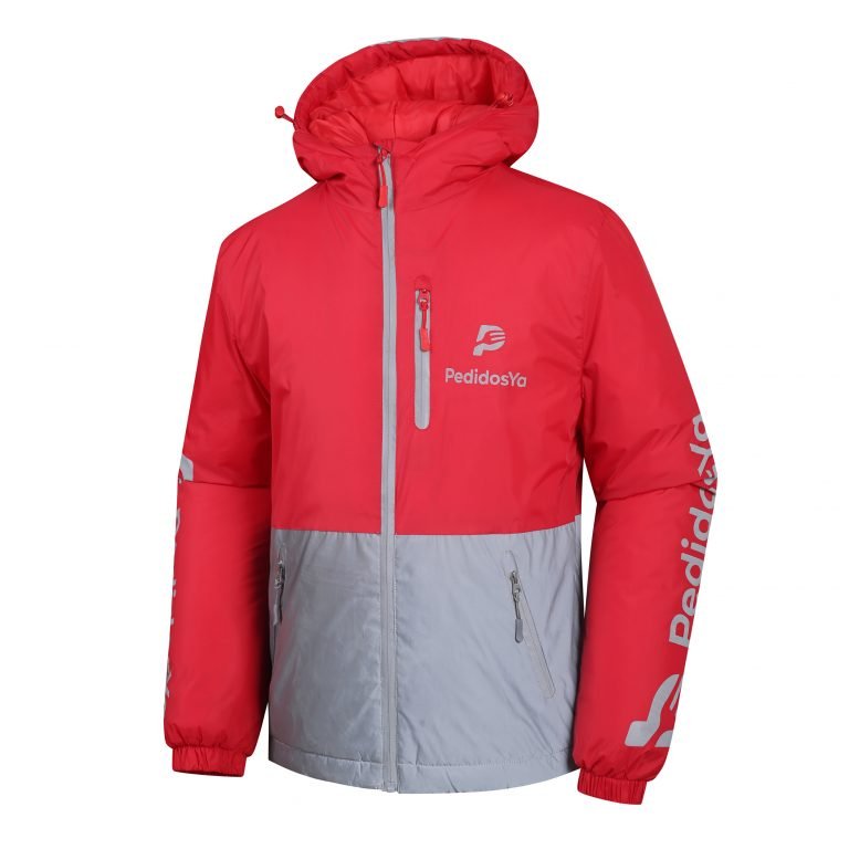 Bright red and light gray custom winter jacket with branded logo and multiple zippered pockets, ideal for outdoor workwear or promotional events.