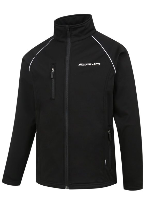 Softshell jacket with AMG logo, waterproof and windproof, ideal for outdoor sports, workwear, or casual wear, featuring multiple zippered pockets and a high collar for comfort and protection.