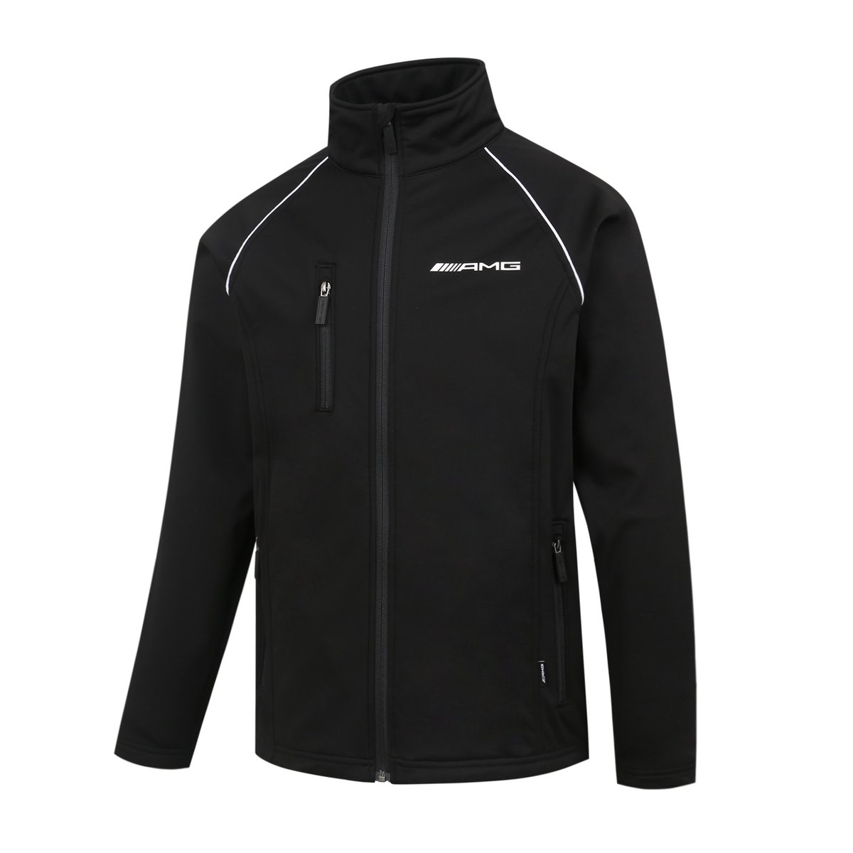Softshell jacket with AMG logo, waterproof and windproof, ideal for outdoor sports, workwear, or casual wear, featuring multiple zippered pockets and a high collar for comfort and protection.