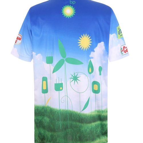 Bright blue and green eco-themed custom work uniform polo shirt with renewable energy and environmental symbols, ideal for industrial, corporate, or promotional use.