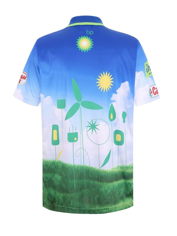 Bright blue and green eco-themed custom work uniform polo shirt with renewable energy and environmental symbols, ideal for industrial, corporate, or promotional use.