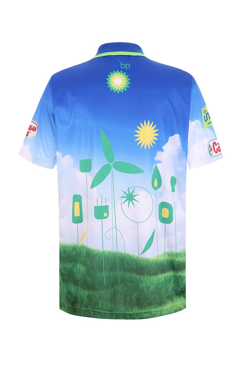 Bright blue and green eco-themed custom work uniform polo shirt with renewable energy and environmental symbols, ideal for industrial, corporate, or promotional use.