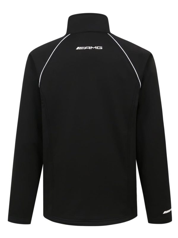 Black AMG branded sports jacket with white piping, lightweight design, and high-quality fabric. Perfect for athletic or casual wear, featuring a high collar and comfortable fit.
