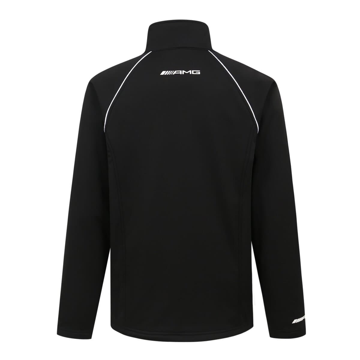 Black AMG branded sports jacket with white piping, lightweight design, and high-quality fabric. Perfect for athletic or casual wear, featuring a high collar and comfortable fit.