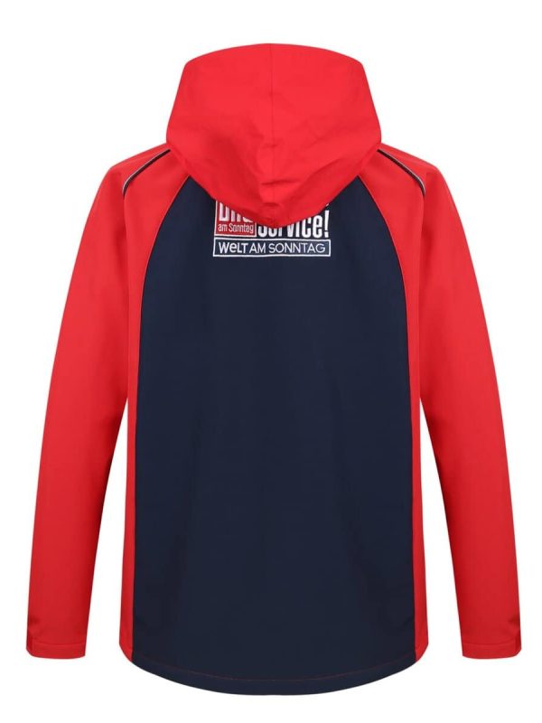 Bright red and navy blue custom sports jacket with printed slogan and hood, ideal for team uniforms and promotional clothing by a China-based manufacturer.