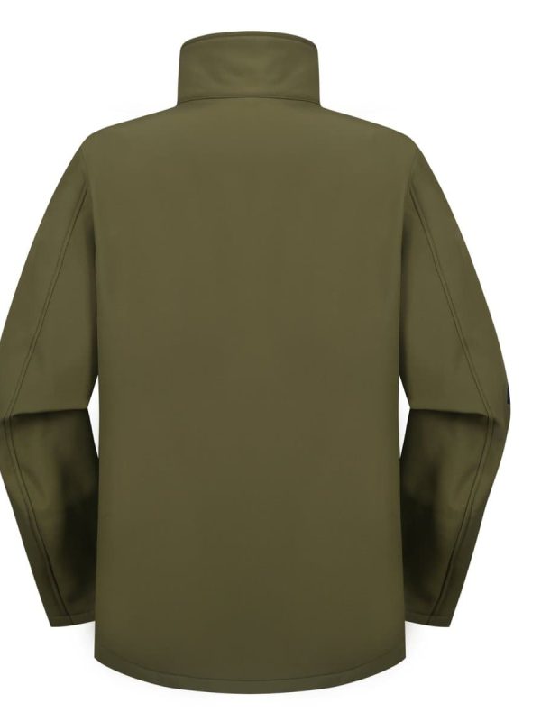 Durable olive green custom work jacket with high collar, designed for comfort and functional workwear uniforms for industrial and outdoor jobs.