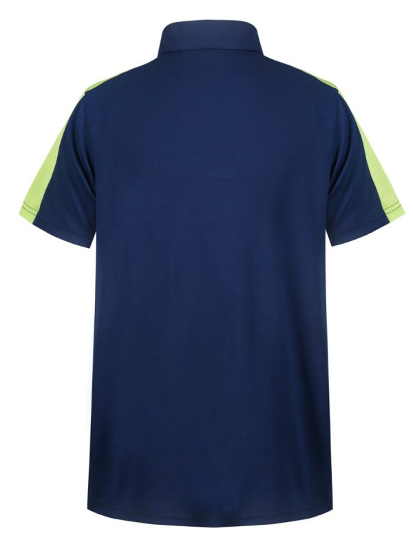 High-quality navy blue and neon yellow custom polo shirt, made for uniform use in various industries, designed for durability and comfort. Perfect for corporate, sports, or workwear uniforms.